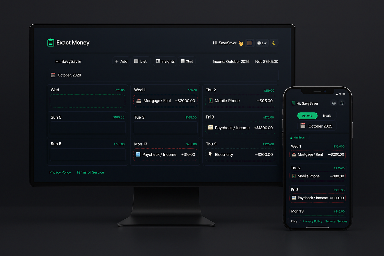 ExactMoney debt payoff and calendar preview
